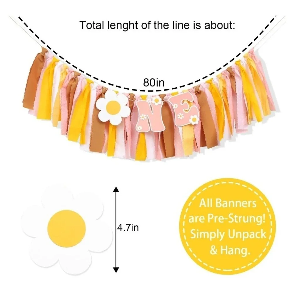 NEW Girl's First Birthday High Chair Pink Banner, Number One Balloon, Daisies